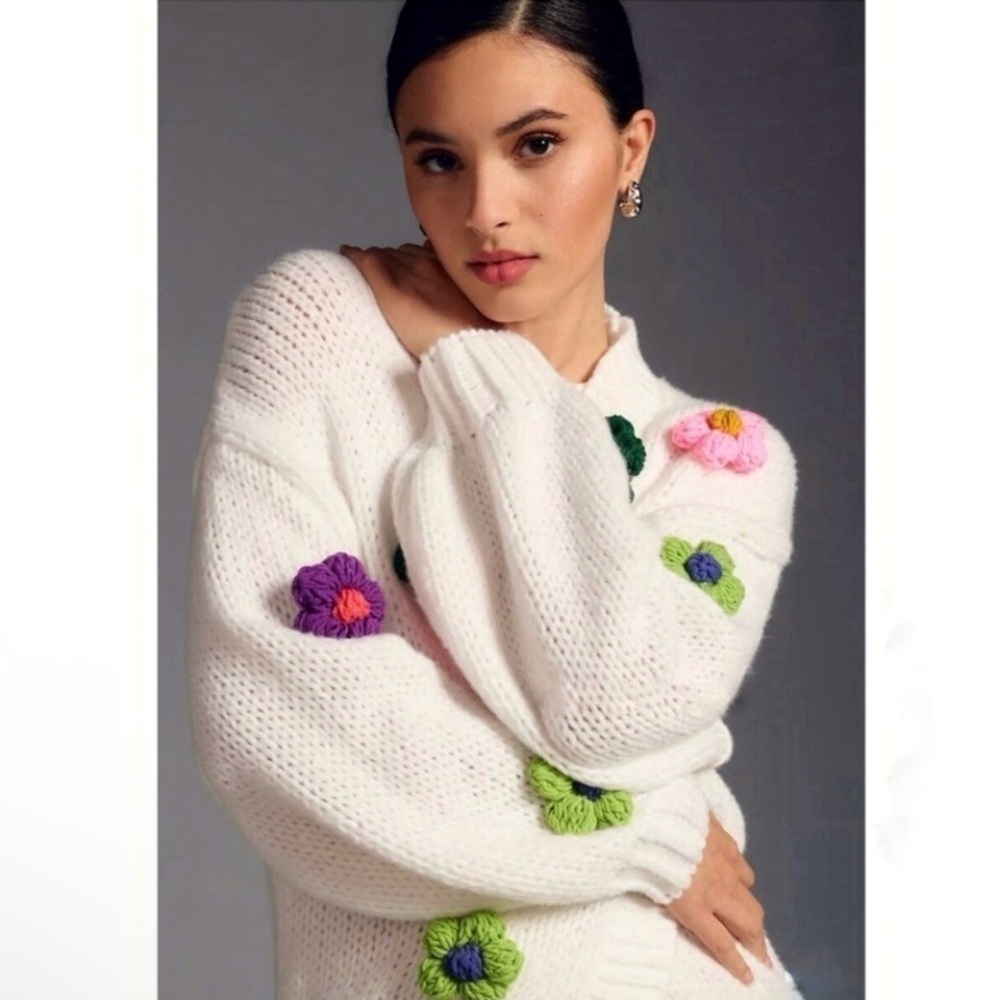 Anthropologie Maeve Susannah 3D Flower Cardigan Open Front Knit Sweater White OS